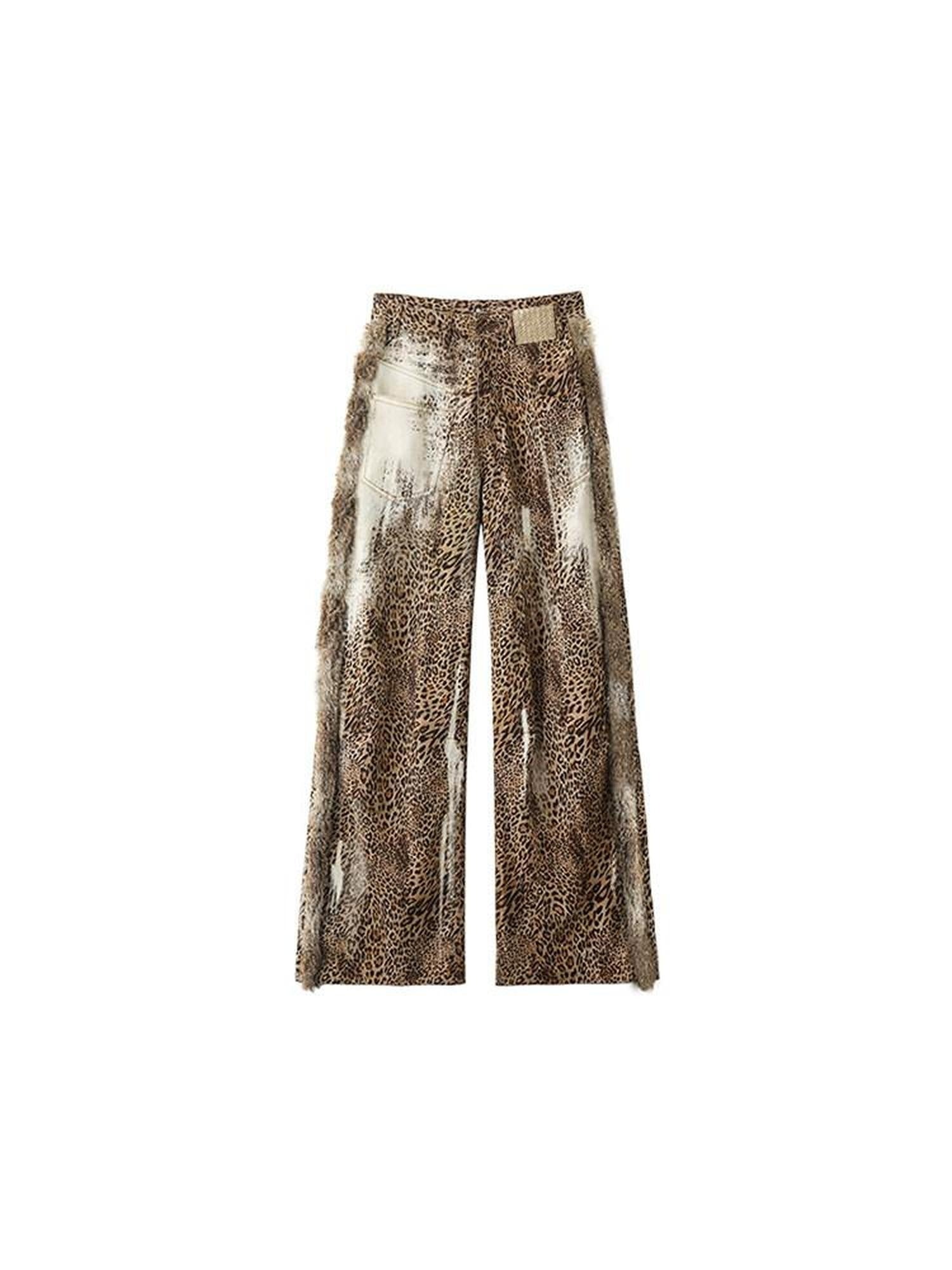 1JINN STUDIO Leopard Patchwork Low Waist Street Style Womens Casual Wide Leg Pants