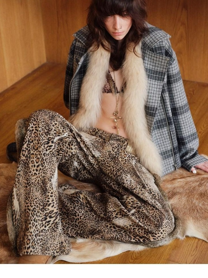 1JINN STUDIO Leopard Patchwork Low Waist Street Style Womens Casual Wide Leg Pants