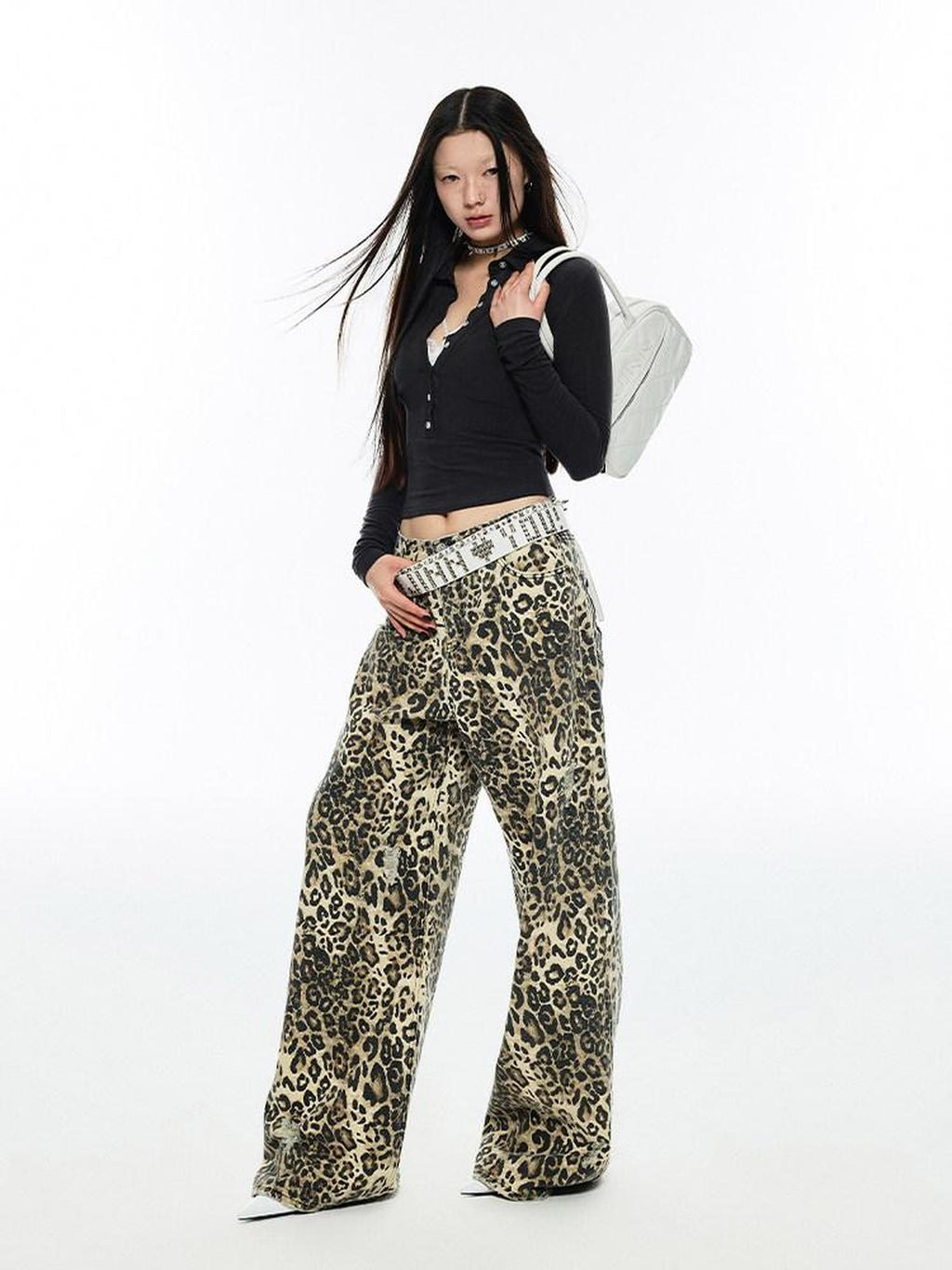 1JINN STUDIO Leopard Print Natural Waist Asymmetric Pocket Vintage Women Eco Wide Leg Pants