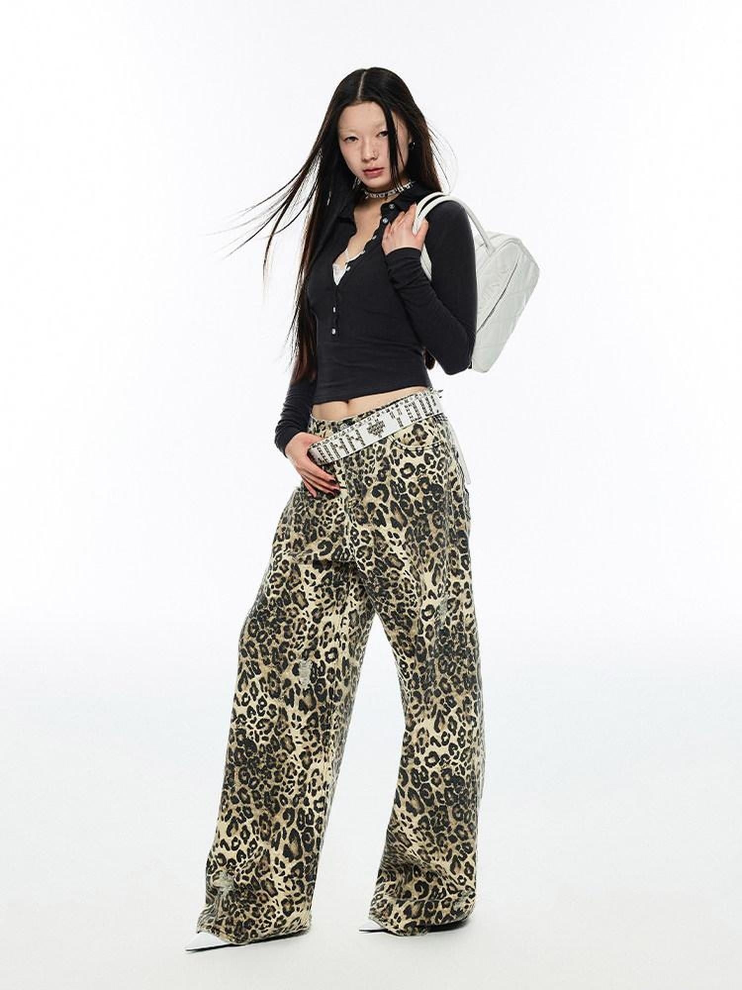 1JINN STUDIO Leopard Print Natural Waist Asymmetric Pocket Vintage Women Eco Wide Leg Pants