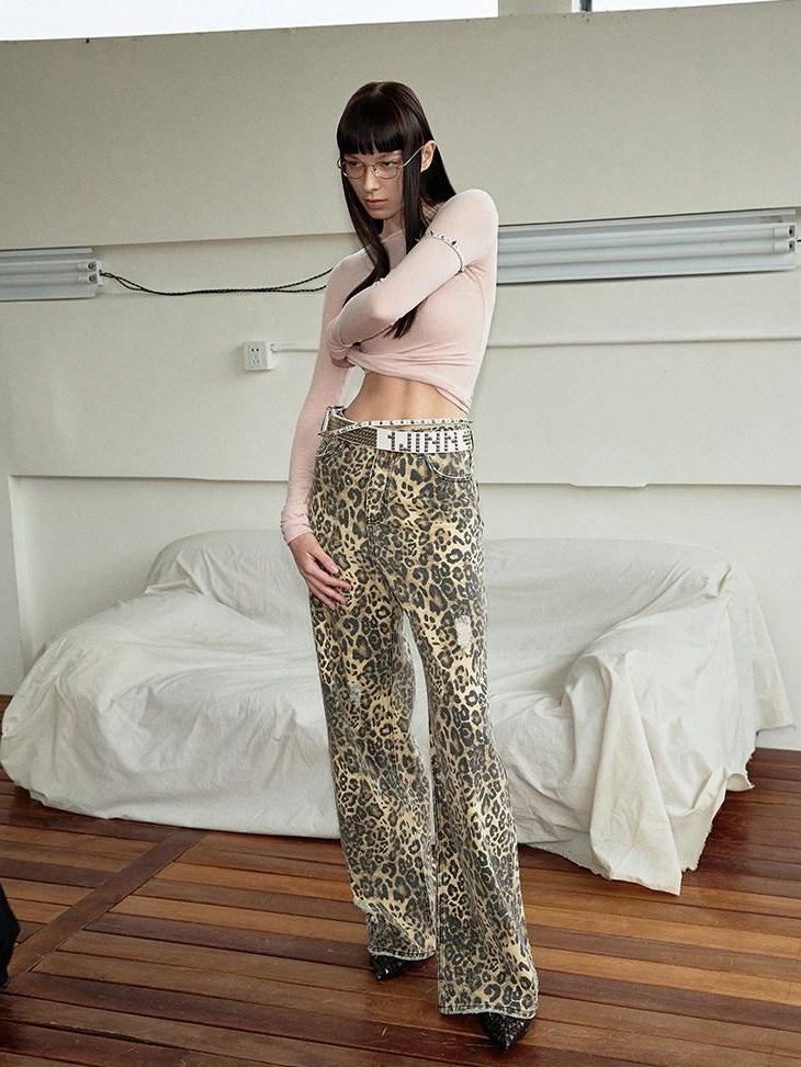 1JINN STUDIO Leopard Print Natural Waist Asymmetric Pocket Vintage Women Eco Wide Leg Pants