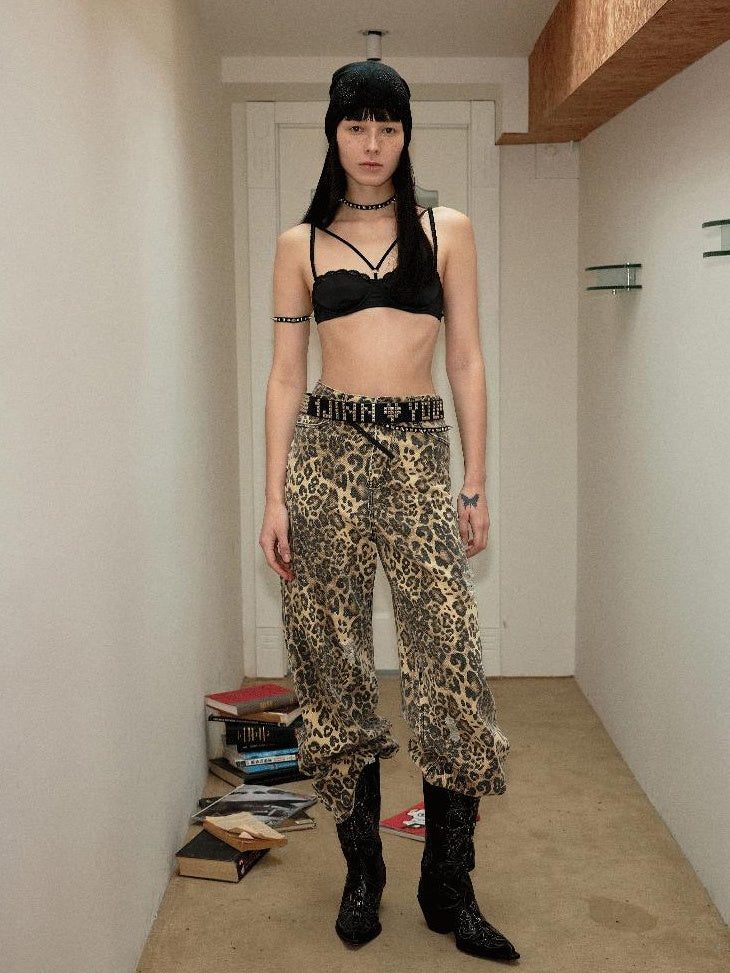 1JINN STUDIO Leopard Print Natural Waist Asymmetric Pocket Vintage Women Eco Wide Leg Pants