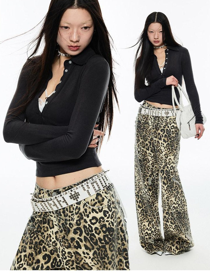 1JINN STUDIO Leopard Print Natural Waist Asymmetric Pocket Vintage Women Eco Wide Leg Pants