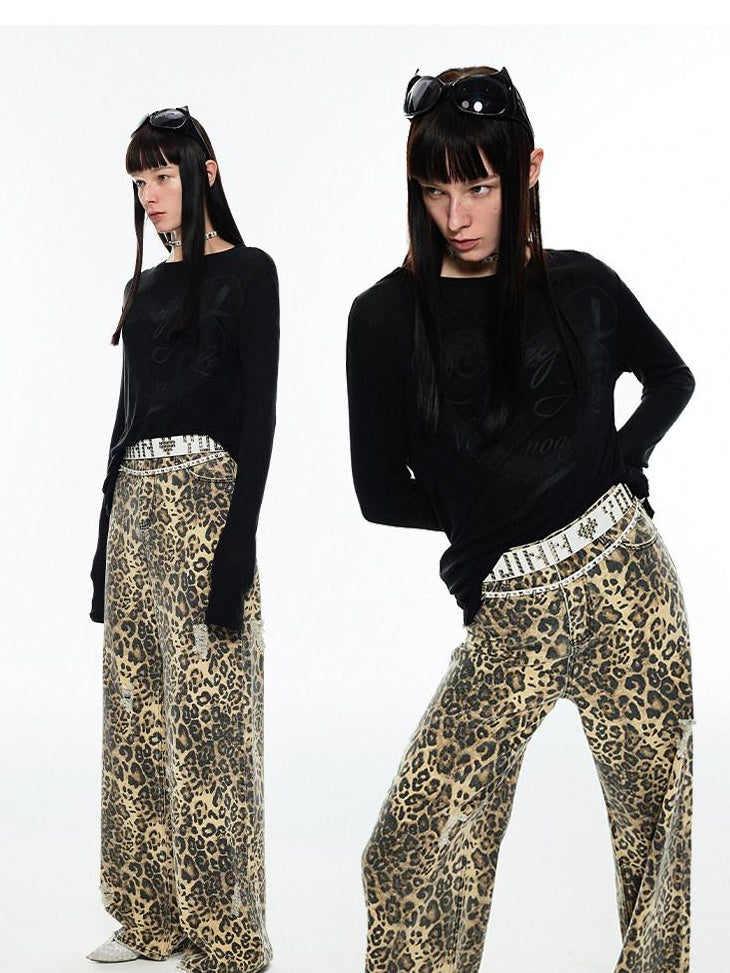 1JINN STUDIO Leopard Print Natural Waist Asymmetric Pocket Vintage Women Eco Wide Leg Pants