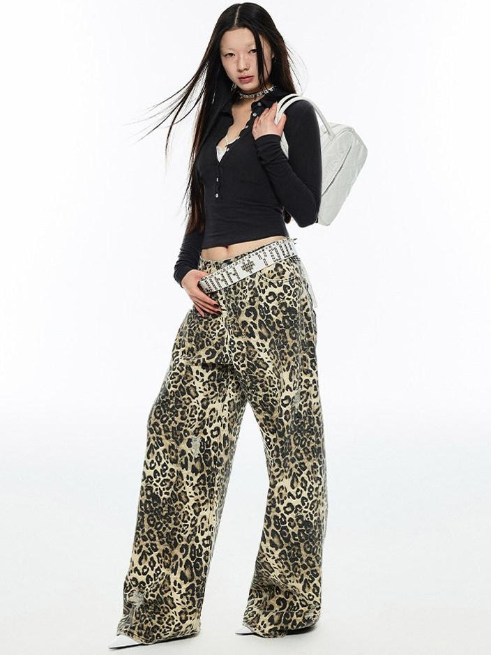 1JINN STUDIO Leopard Print Natural Waist Asymmetric Pocket Vintage Women Eco Wide Leg Pants