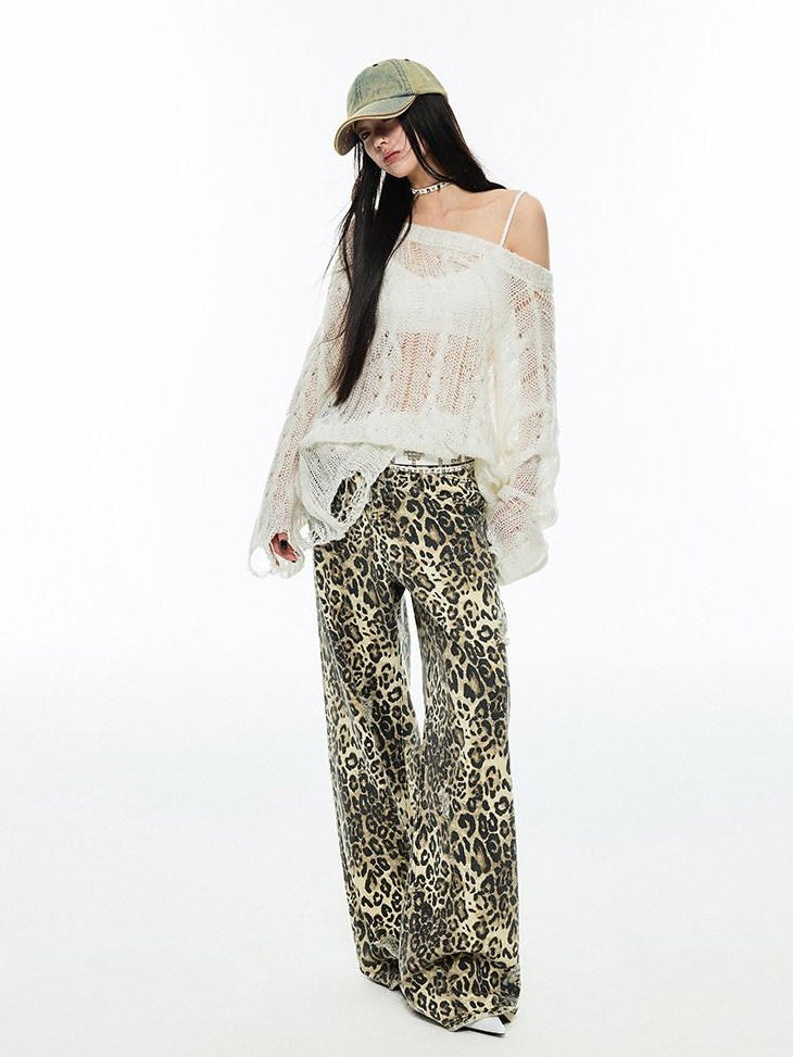 1JINN STUDIO Leopard Print Natural Waist Asymmetric Pocket Vintage Women Eco Wide Leg Pants