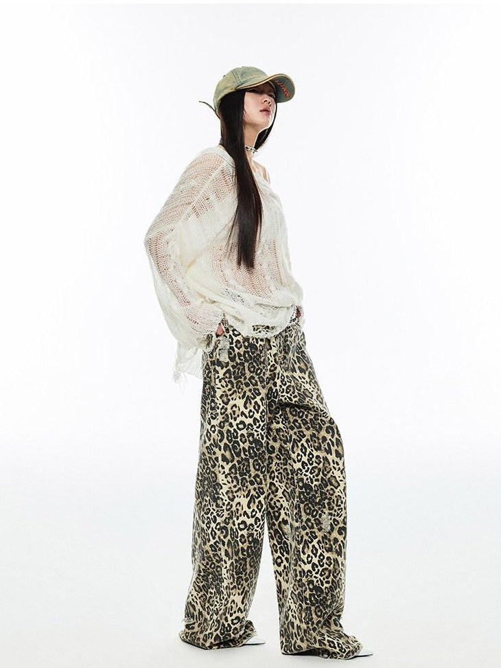 1JINN STUDIO Leopard Print Natural Waist Asymmetric Pocket Vintage Women Eco Wide Leg Pants