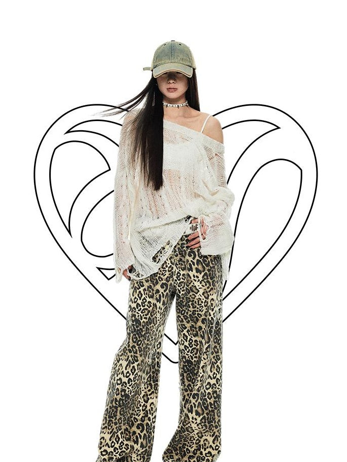 1JINN STUDIO Leopard Print Natural Waist Asymmetric Pocket Vintage Women Eco Wide Leg Pants