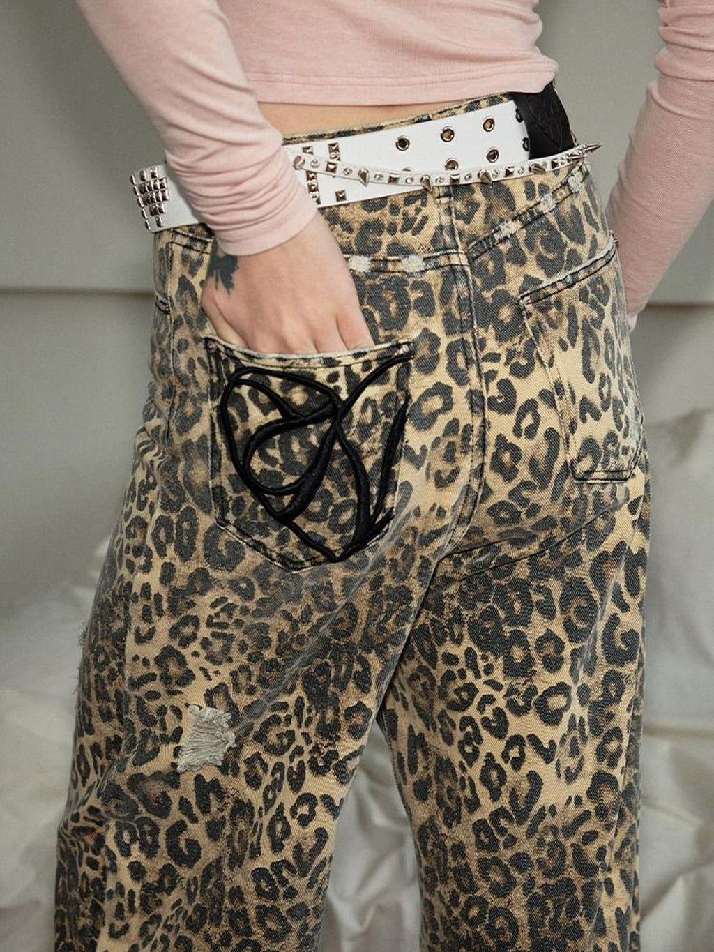 1JINN STUDIO Leopard Print Natural Waist Asymmetric Pocket Vintage Women Eco Wide Leg Pants