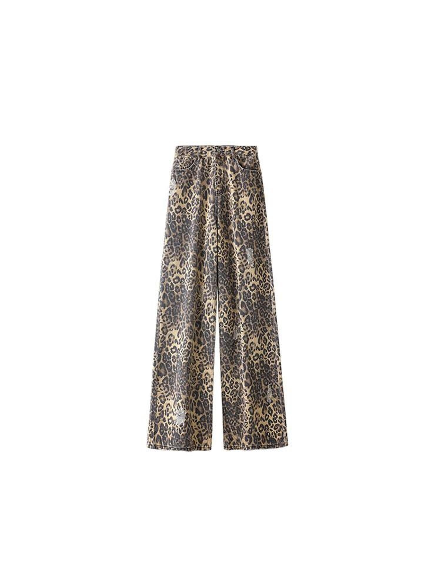 1JINN STUDIO Leopard Print Natural Waist Asymmetric Pocket Vintage Women Eco Wide Leg Pants