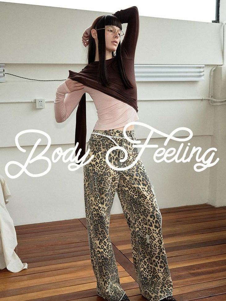 1JINN STUDIO Leopard Print Natural Waist Asymmetric Pocket Vintage Women Eco Wide Leg Pants