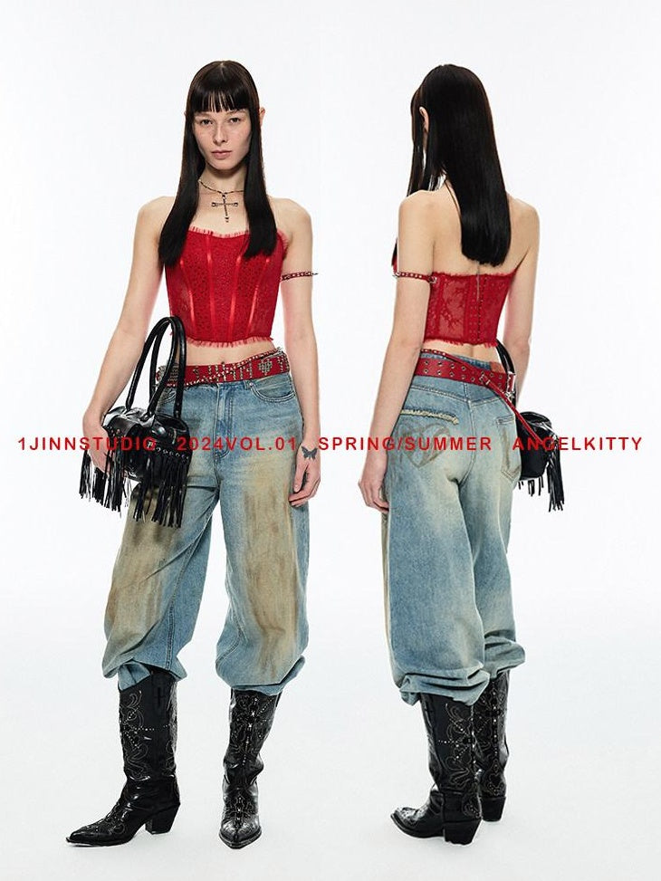 1JINN STUDIO Light Washed Natural Waist Relaxed No Stretch Zip Fly Youth Denim Wide Leg Jeans
