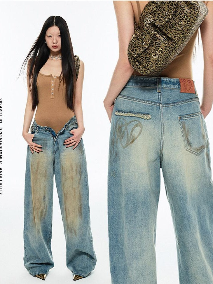 1JINN STUDIO Light Washed Natural Waist Relaxed No Stretch Zip Fly Youth Denim Wide Leg Jeans