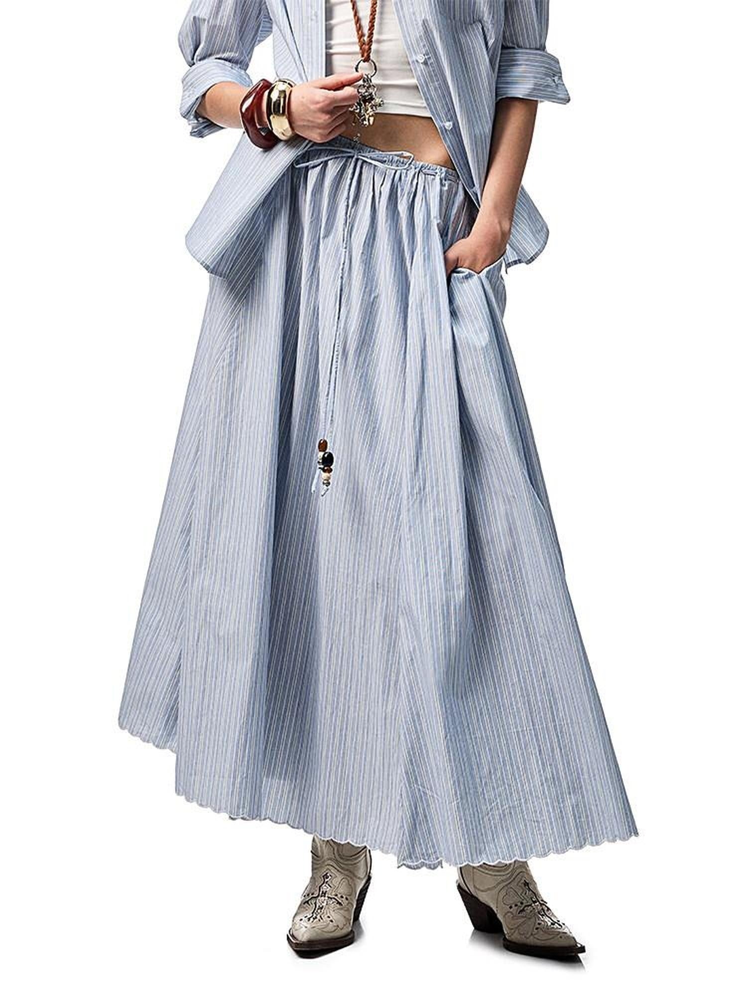 1JINN STUDIO Lightweight 100% Cotton Tie Waist A Line Mid Waist Girls Casual Maxi Skirts