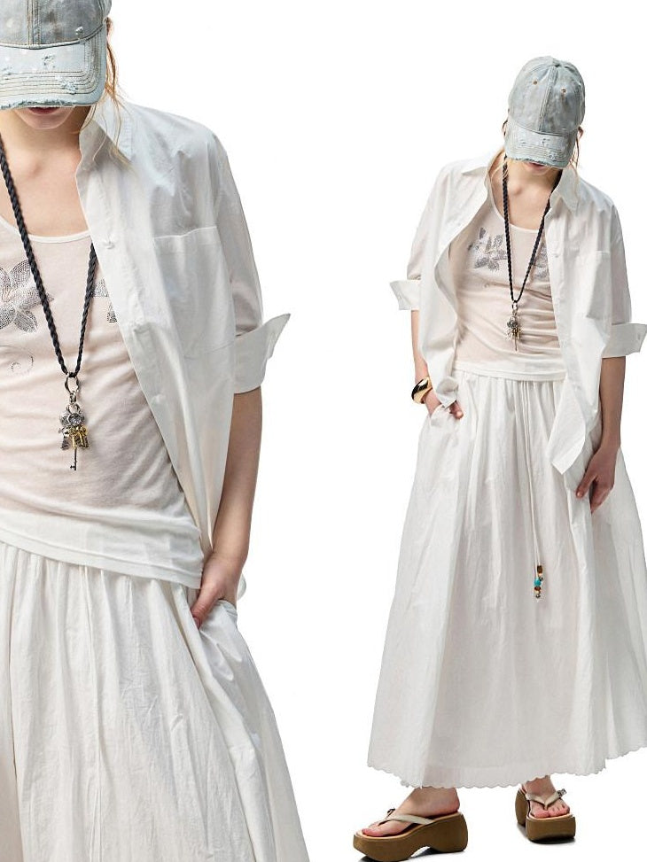 1JINN STUDIO Lightweight 100% Cotton Tie Waist A Line Mid Waist Girls Casual Maxi Skirts