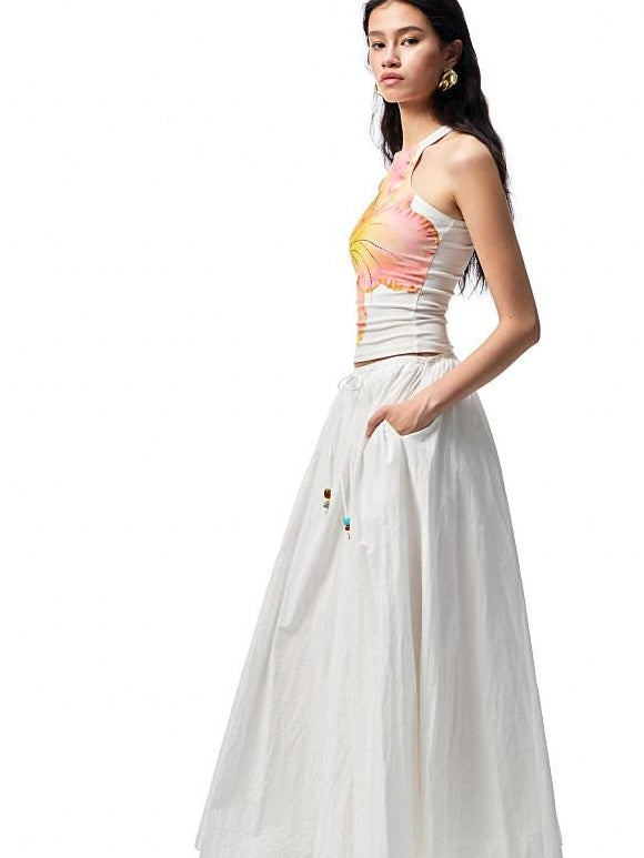 1JINN STUDIO Lightweight 100% Cotton Tie Waist A Line Mid Waist Girls Casual Maxi Skirts