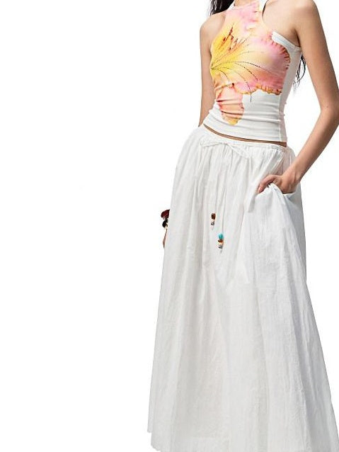 1JINN STUDIO Lightweight 100% Cotton Tie Waist A Line Mid Waist Girls Casual Maxi Skirts