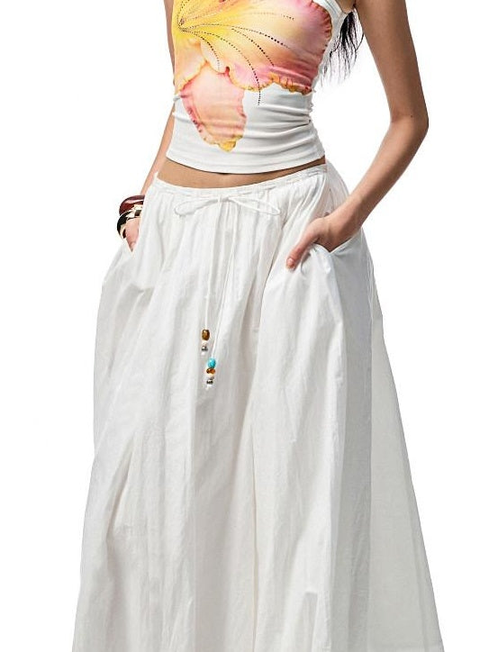 1JINN STUDIO Lightweight 100% Cotton Tie Waist A Line Mid Waist Girls Casual Maxi Skirts