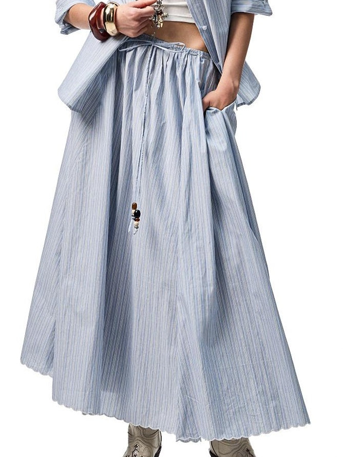 1JINN STUDIO Lightweight 100% Cotton Tie Waist A Line Mid Waist Girls Casual Maxi Skirts