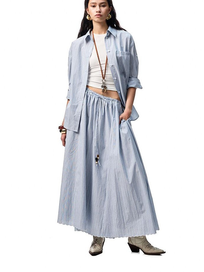 1JINN STUDIO Lightweight 100% Cotton Tie Waist A Line Mid Waist Girls Casual Maxi Skirts