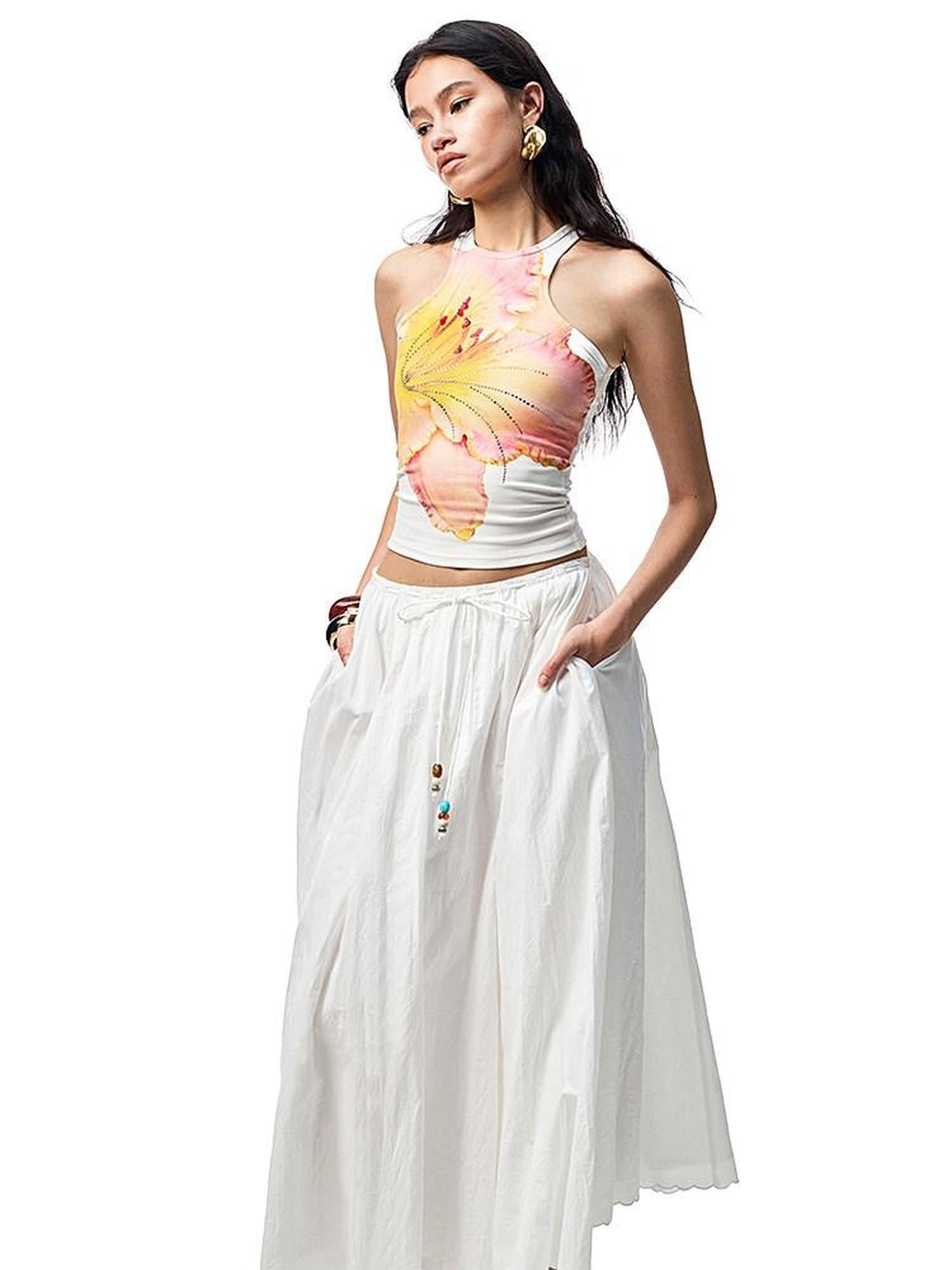 1JINN STUDIO Lightweight 100% Cotton Tie Waist A Line Mid Waist Girls Casual Maxi Skirts
