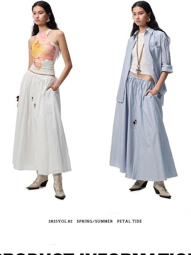 1JINN STUDIO Lightweight 100% Cotton Tie Waist A Line Mid Waist Girls Casual Maxi Skirts