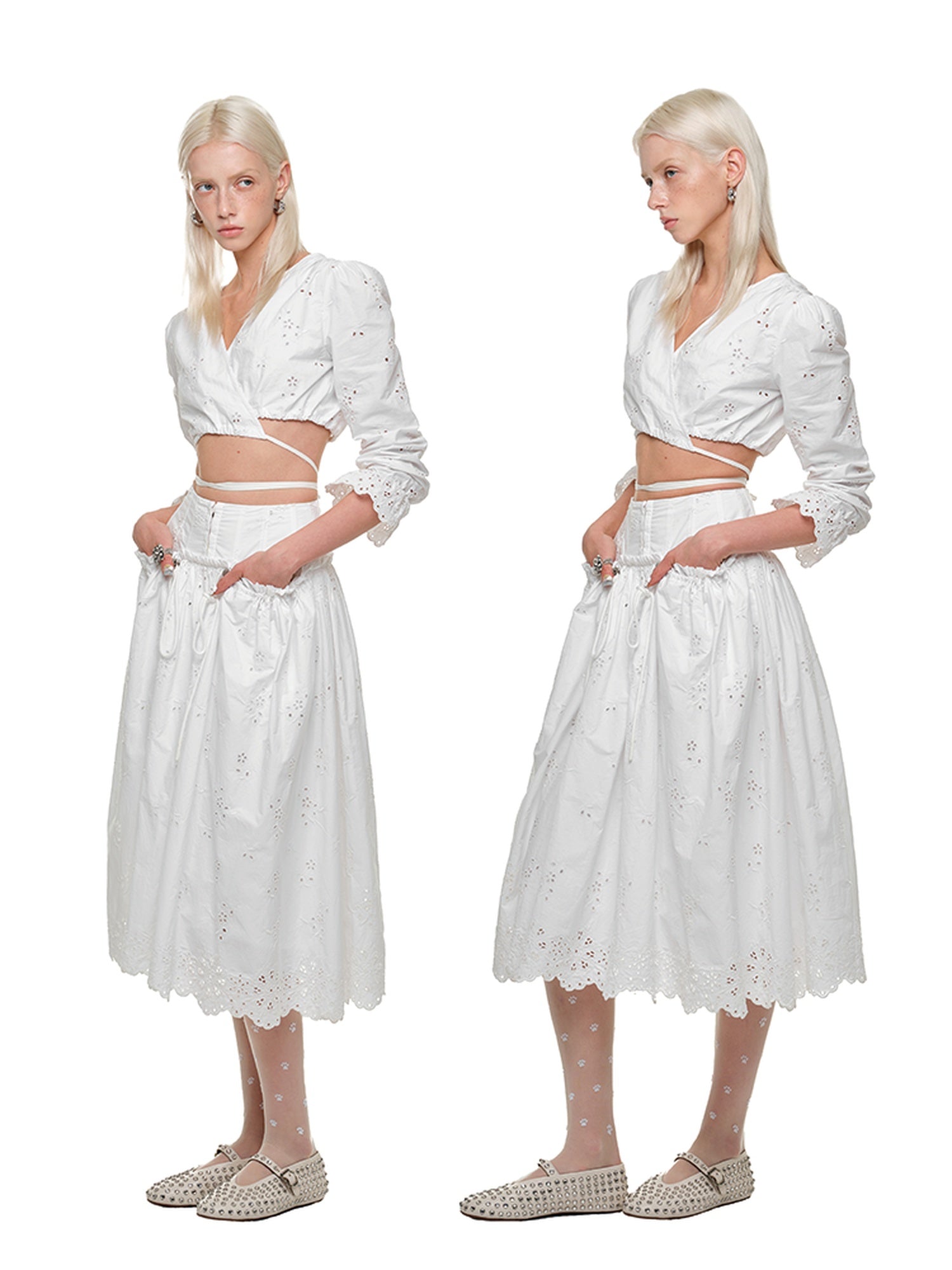 1JINN STUDIO Lightweight Cotton V-neck Bell Sleeve Slim Fit Women White Jacquard Blouses