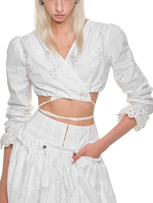1JINN STUDIO Lightweight Cotton V-neck Bell Sleeve Slim Fit Women White Jacquard Blouses