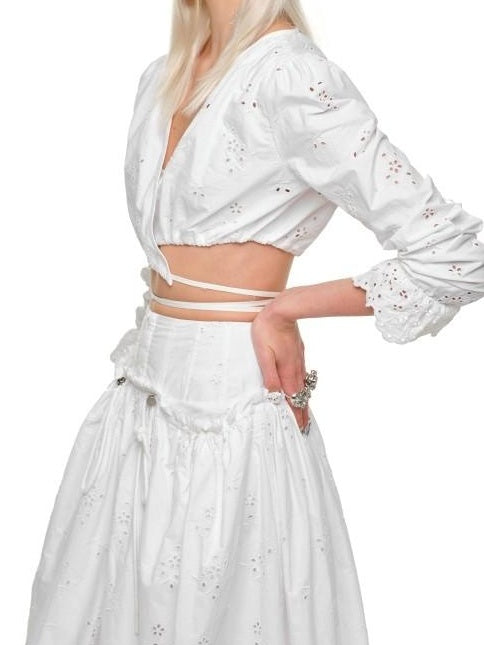 1JINN STUDIO Lightweight Cotton V-neck Bell Sleeve Slim Fit Women White Jacquard Blouses