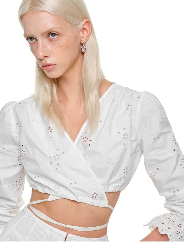 1JINN STUDIO Lightweight Cotton V-neck Bell Sleeve Slim Fit Women White Jacquard Blouses