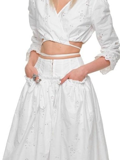 1JINN STUDIO Lightweight Cotton V-neck Bell Sleeve Slim Fit Women White Jacquard Blouses