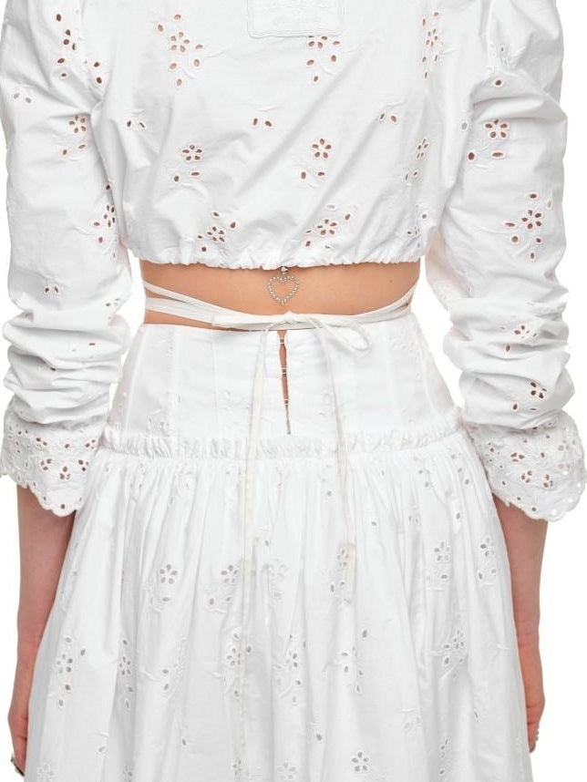 1JINN STUDIO Lightweight Cotton V-neck Bell Sleeve Slim Fit Women White Jacquard Blouses
