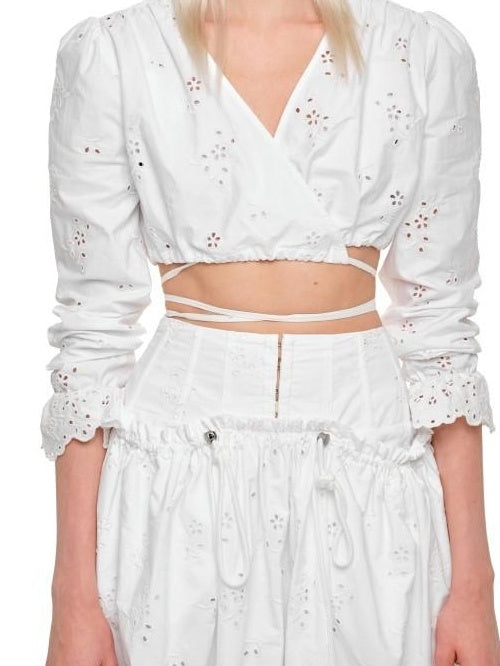 1JINN STUDIO Lightweight Cotton V-neck Bell Sleeve Slim Fit Women White Jacquard Blouses