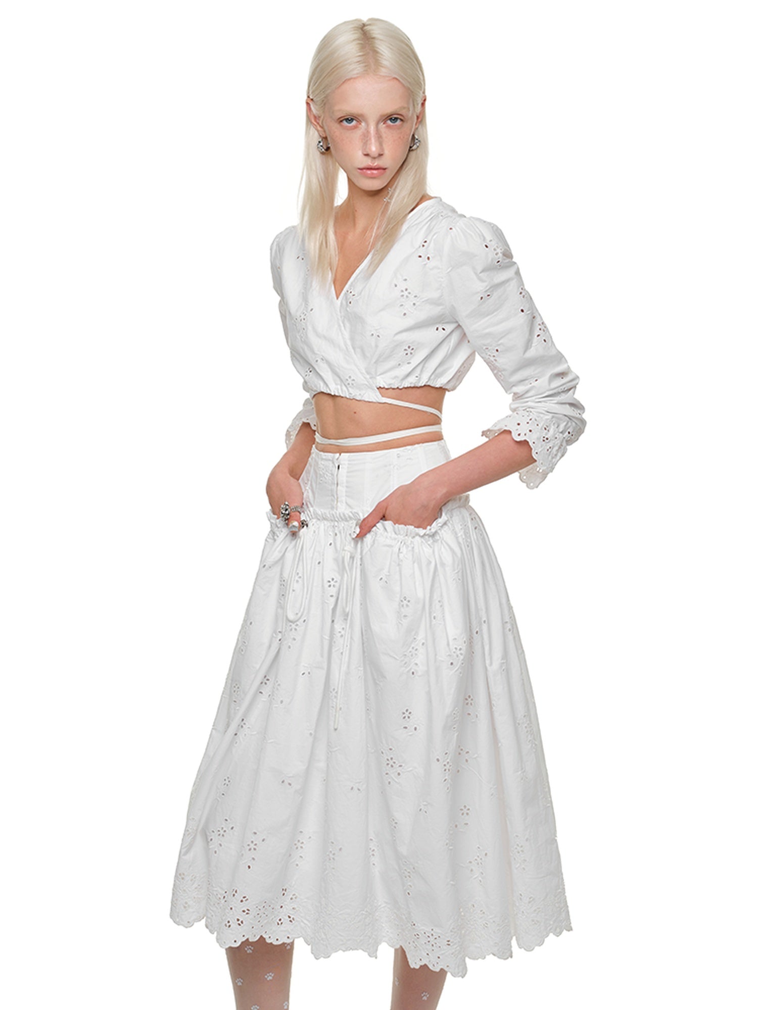 1JINN STUDIO Lightweight Cotton V-neck Bell Sleeve Slim Fit Women White Jacquard Blouses