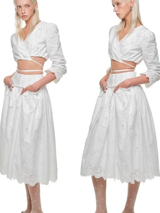 1JINN STUDIO Lightweight Cotton V-neck Bell Sleeve Slim Fit Women White Jacquard Blouses
