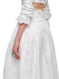 1JINN STUDIO Lightweight Cotton V-neck Bell Sleeve Slim Fit Women White Jacquard Blouses