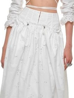 1JINN STUDIO Lightweight Cotton V-neck Bell Sleeve Slim Fit Women White Jacquard Blouses