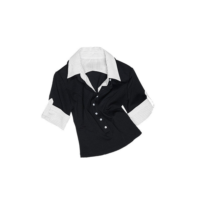 1JINN_STUDIO_Lightweight_Slim_Spliced_Henley_Striped_Nylon_Blend_Women_Short_Sleeve_T-Shirts_MISSTT