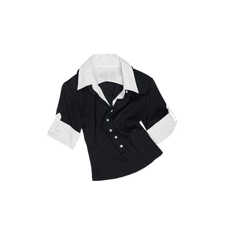 1JINN_STUDIO_Lightweight_Slim_Spliced_Henley_Striped_Nylon_Blend_Women_Short_Sleeve_T-Shirts_MISSTT