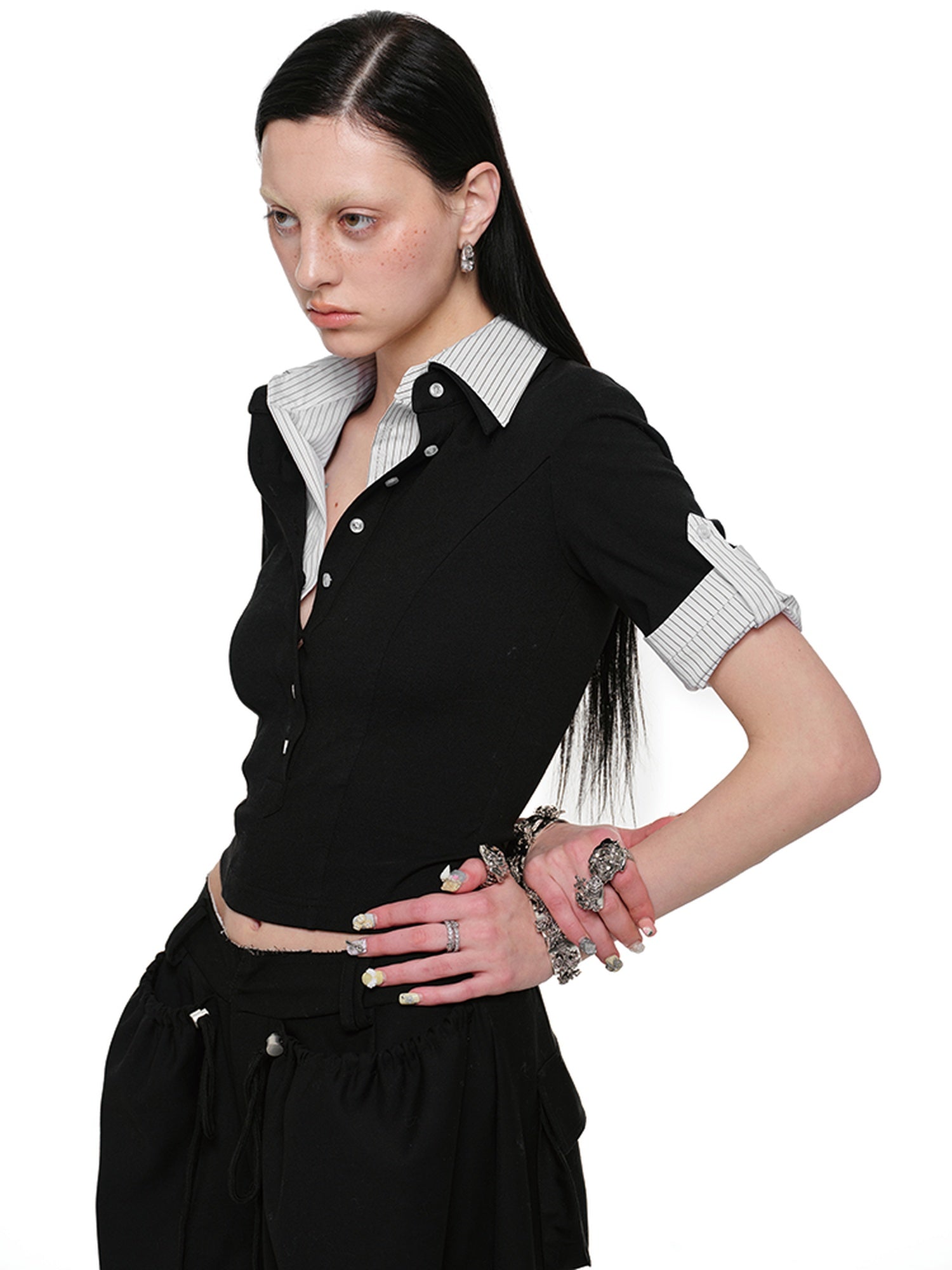 1JINN STUDIO Lightweight Slim Spliced Henley Striped Nylon Blend Women Short Sleeve T-Shirts