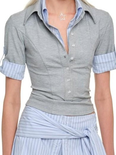 1JINN STUDIO Lightweight Slim Spliced Henley Striped Nylon Blend Women Short Sleeve T-Shirts