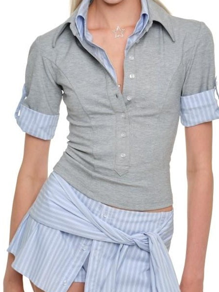 1JINN STUDIO Lightweight Slim Spliced Henley Striped Nylon Blend Women Short Sleeve T-Shirts