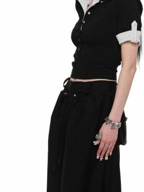 1JINN STUDIO Lightweight Slim Spliced Henley Striped Nylon Blend Women Short Sleeve T-Shirts