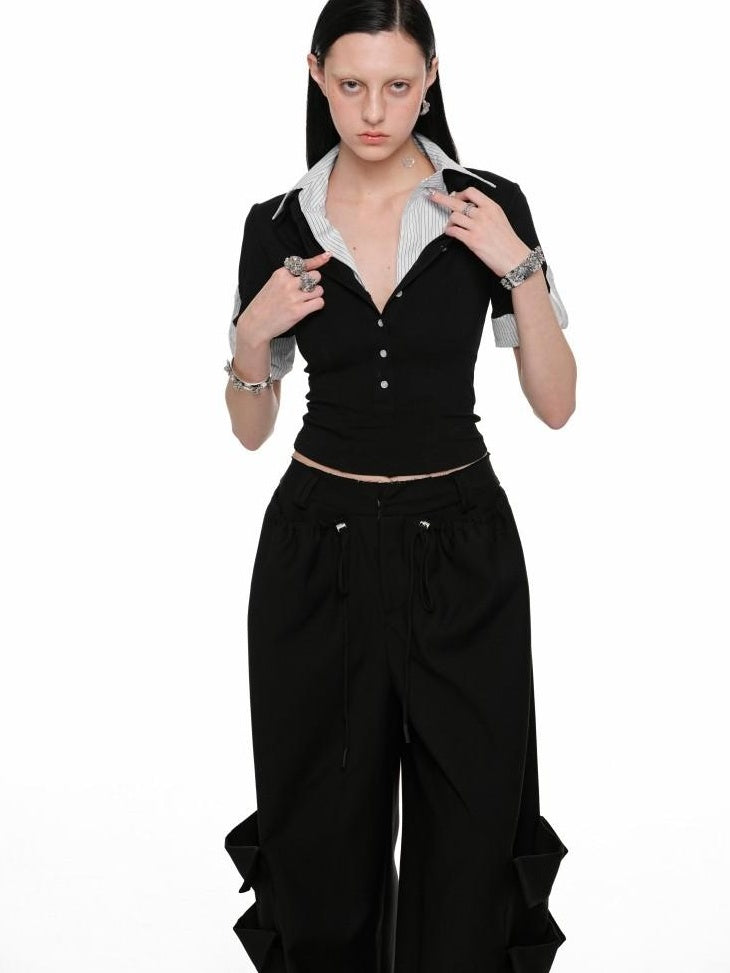 1JINN STUDIO Lightweight Slim Spliced Henley Striped Nylon Blend Women Short Sleeve T-Shirts