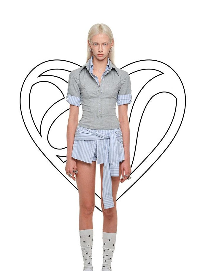 1JINN STUDIO Lightweight Slim Spliced Henley Striped Nylon Blend Women Short Sleeve T-Shirts