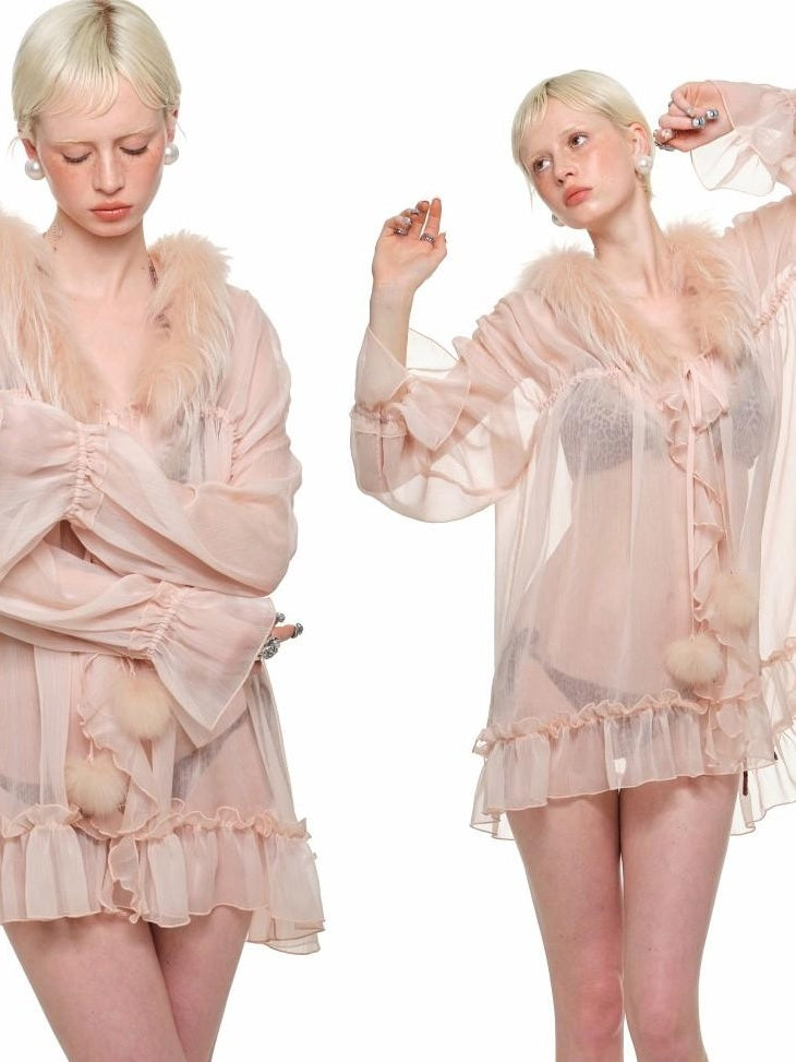 1JINN STUDIO Lightweight Warm French Pleated Loose V-neck Long Sleeve Blouses