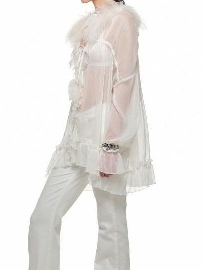 1JINN STUDIO Lightweight Warm French Pleated Loose V-neck Long Sleeve Blouses