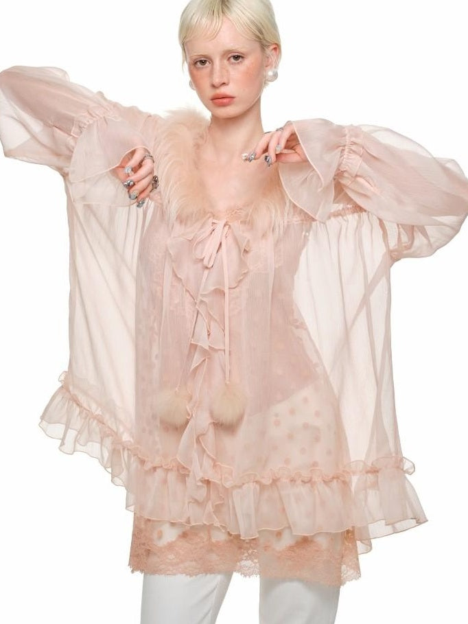 1JINN STUDIO Lightweight Warm French Pleated Loose V-neck Long Sleeve Blouses