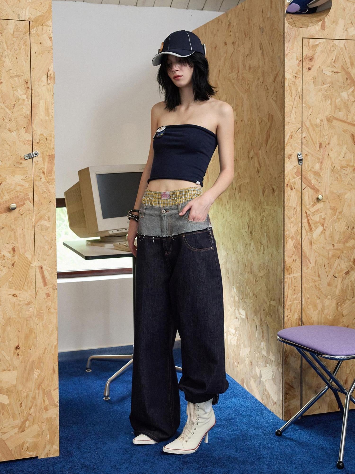 1JINN STUDIO Low Rise Patchwork Embroidered Casual Women Relaxed Wide Leg Pants