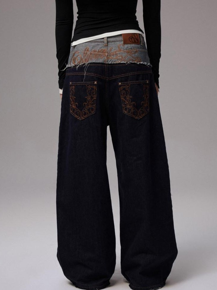1JINN STUDIO Low Rise Patchwork Embroidered Casual Women Relaxed Wide Leg Pants